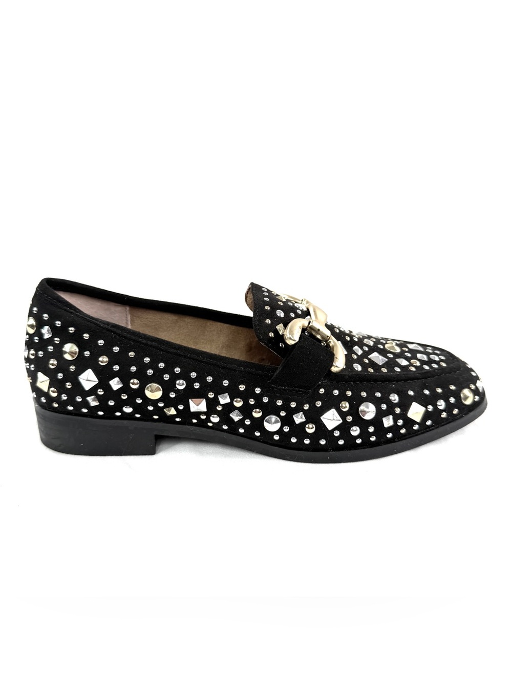 me too bryton12 Women Size 7.5 Black Fabric Silver Gold Studded Loafer Flat Shoe